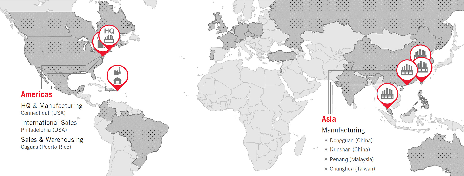 A map of countries supplied by CSS, and CSS factories